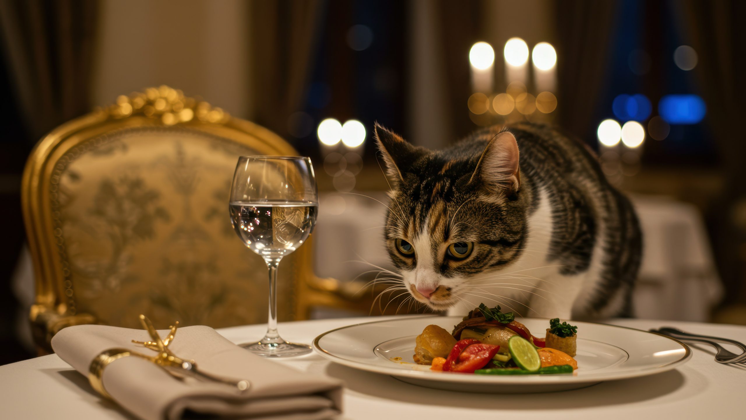 Striped Tabby cat eyeing gourmet meal on restaurant table. Elegant dinnerware, water glass, candlelight create luxury atmosphere. Indulgence, pet behavior, fine dining concept.